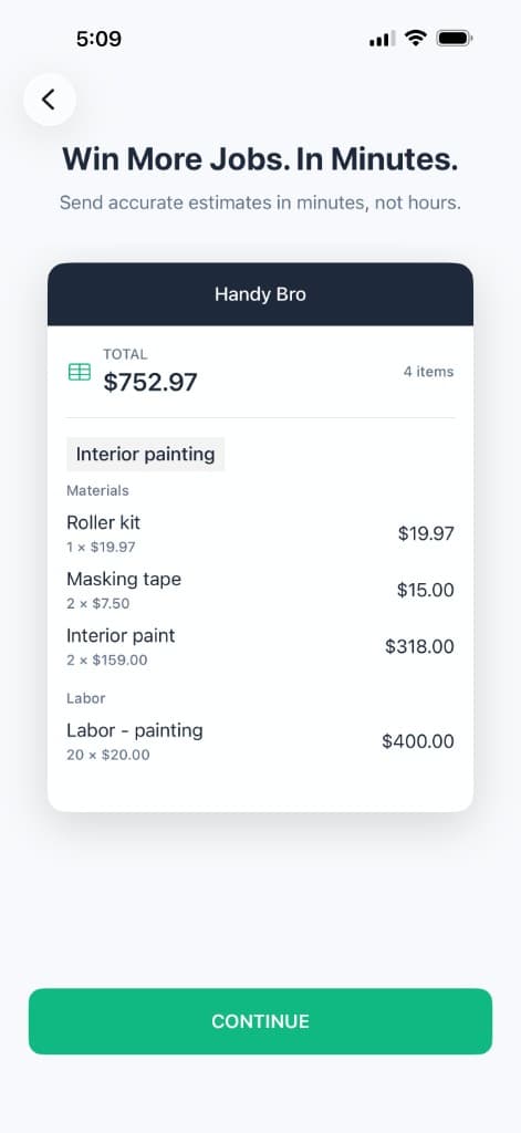 HandyBro app showing an AI-generated estimate with materials and labor for an interior painting job